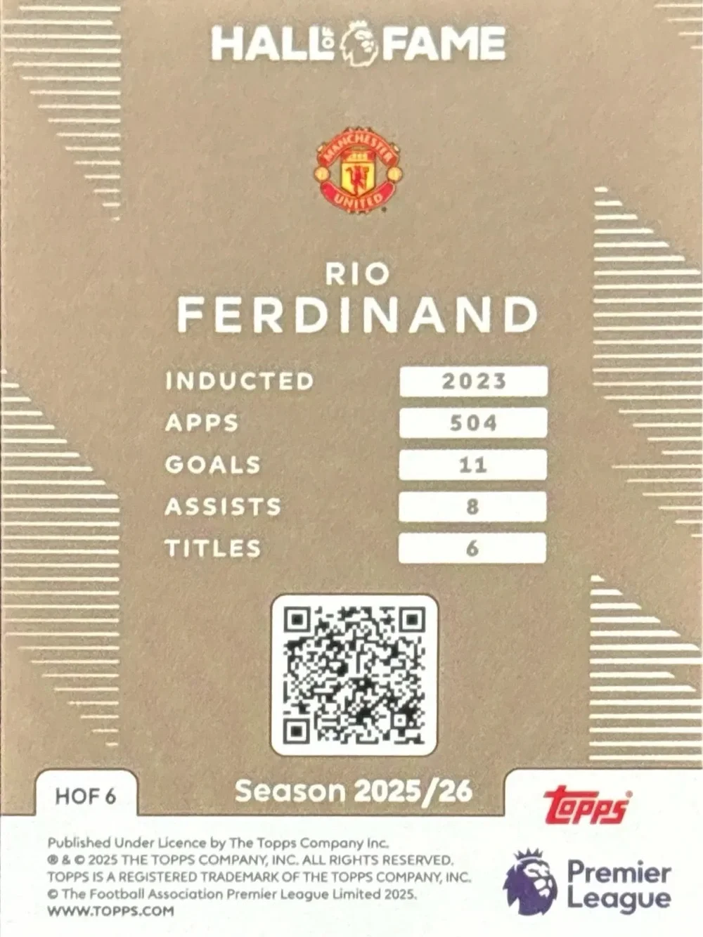 Topps Rio Ferdinand Hall of Fame Soccer Trading Card